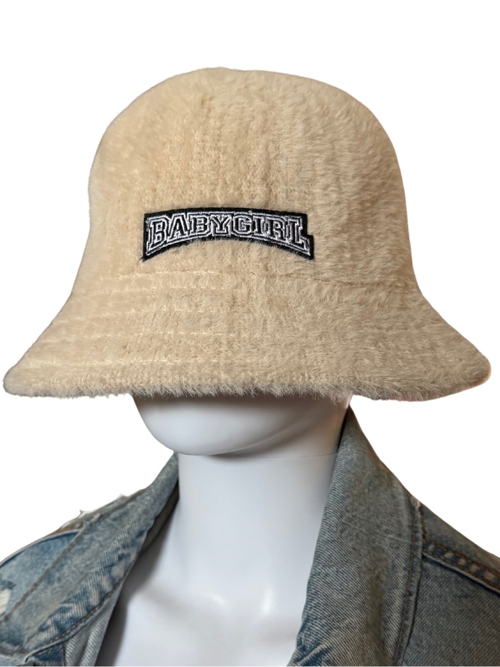 Dolls Kill Fuzzy 'BABYGIRL' Bucket Hat in Cream